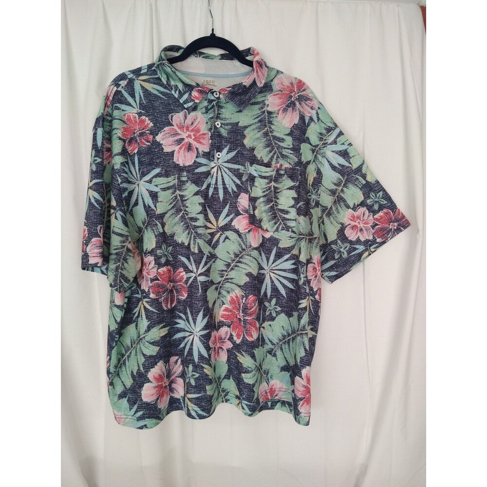 Izod Polo Shirt Men 2XL Blue Green Pink Tropical Hawaiian faded look pullover